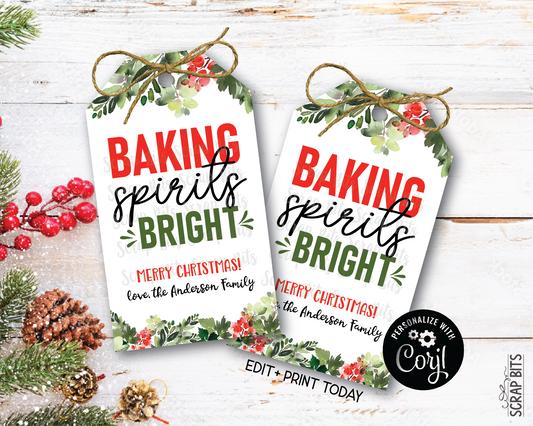 Baking Spirits Bright Watercolor Greens, Printable Christmas Gift Tags or Baking Labels . Instant Download Editable Template