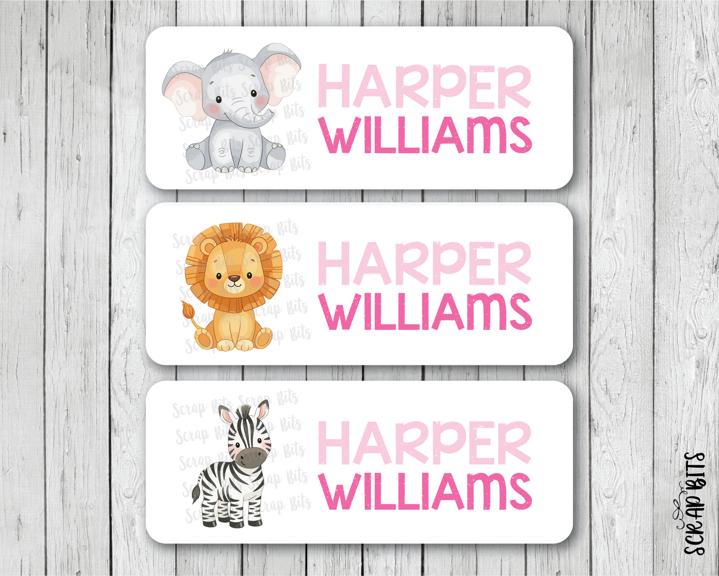 Jungle Animals Name Labels, Elephant, Lion, Zebra . Personalized Belonging Labels