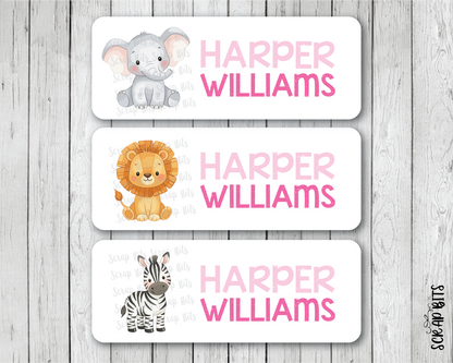 Jungle Animals Name Labels, Elephant, Lion, Zebra . Personalized Belonging Labels