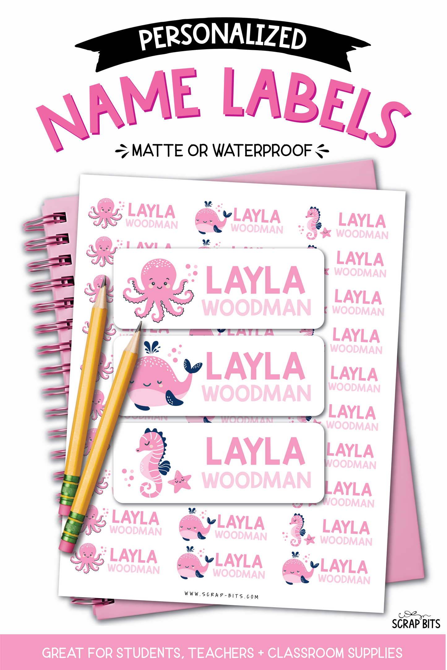 Pink Sea Animals Name Labels, Octopus, Whale, Seahorse . Personalized Belonging Labels
