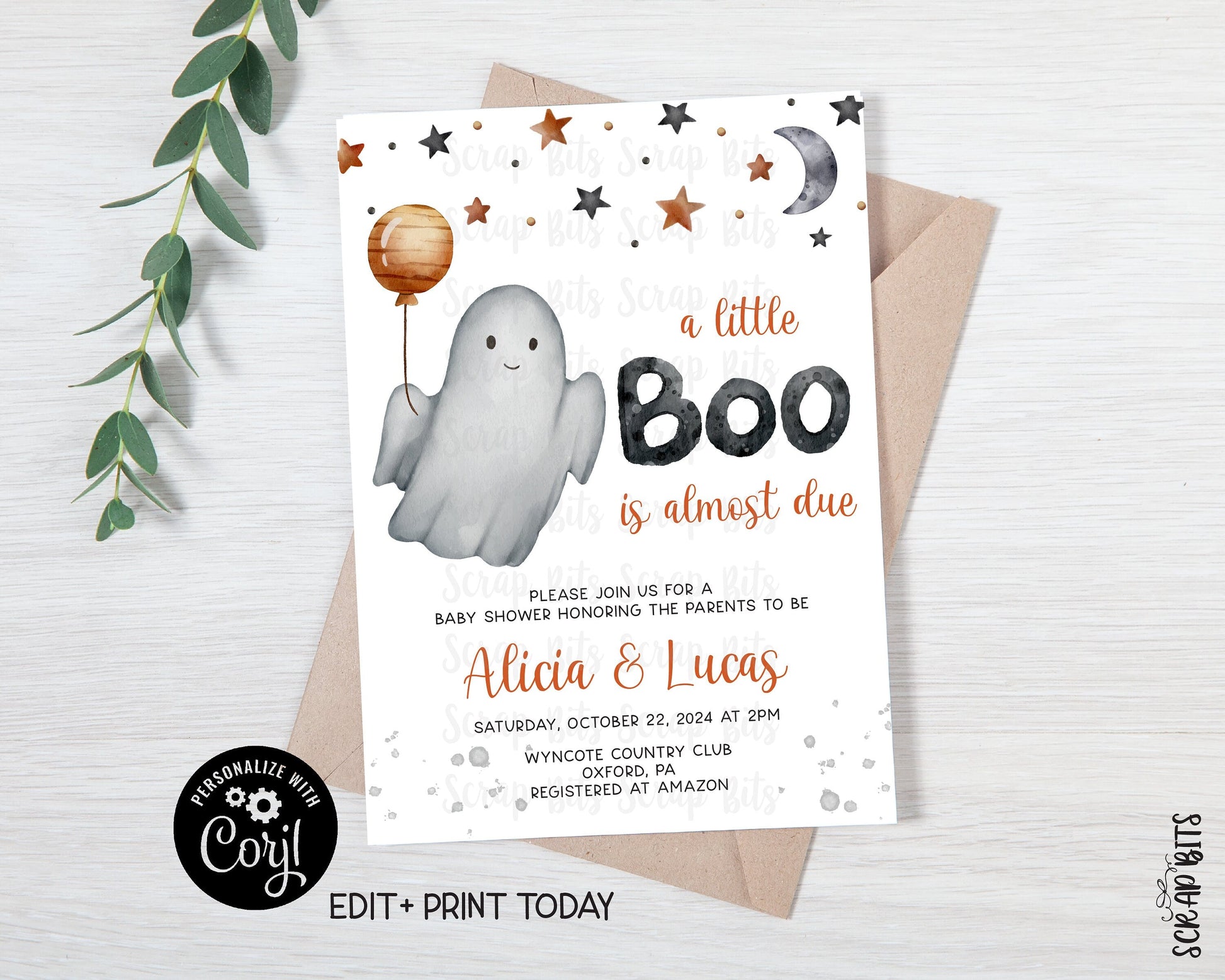 A Little Boo Is Almost Due, Halloween Ghost Baby Shower Invitation . Instant Download Editable Template - Scrap Bits