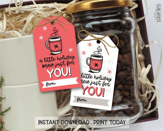 A Little Holiday Brew Snowflake Mug, Printable Christmas Gift Tags, Instant Download - Scrap Bits