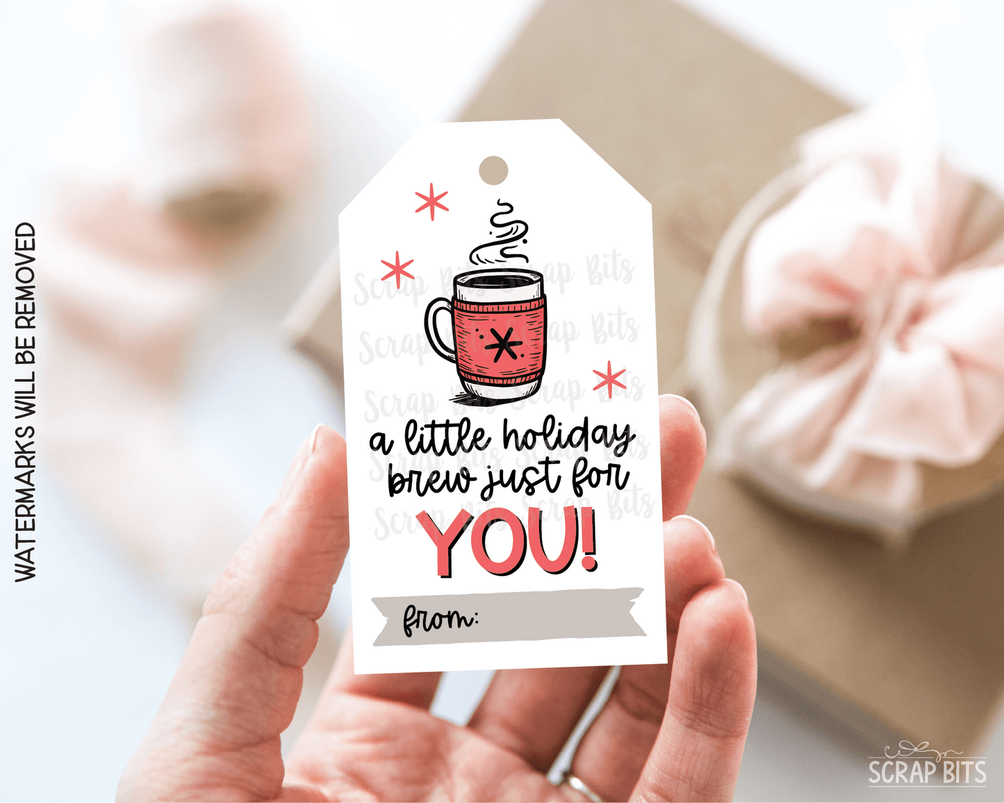 A Little Holiday Brew Snowflake Mug, Printable Christmas Gift Tags, Instant Download - Scrap Bits