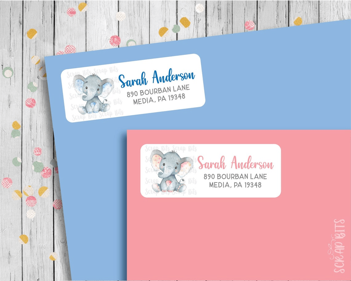 Baby Elephant Return Address Labels, Blue Ear or Pink Ear - Scrap Bits