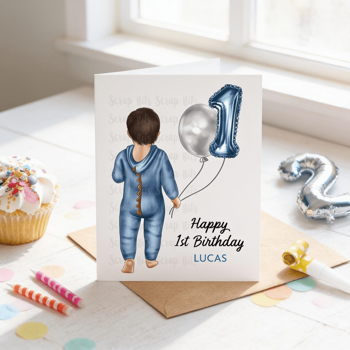 Baby or Toddler Birthday Card for Boy or Girl, Pajamas . 1st, 2nd or 3rd Birthday Portrait Card - Scrap Bits