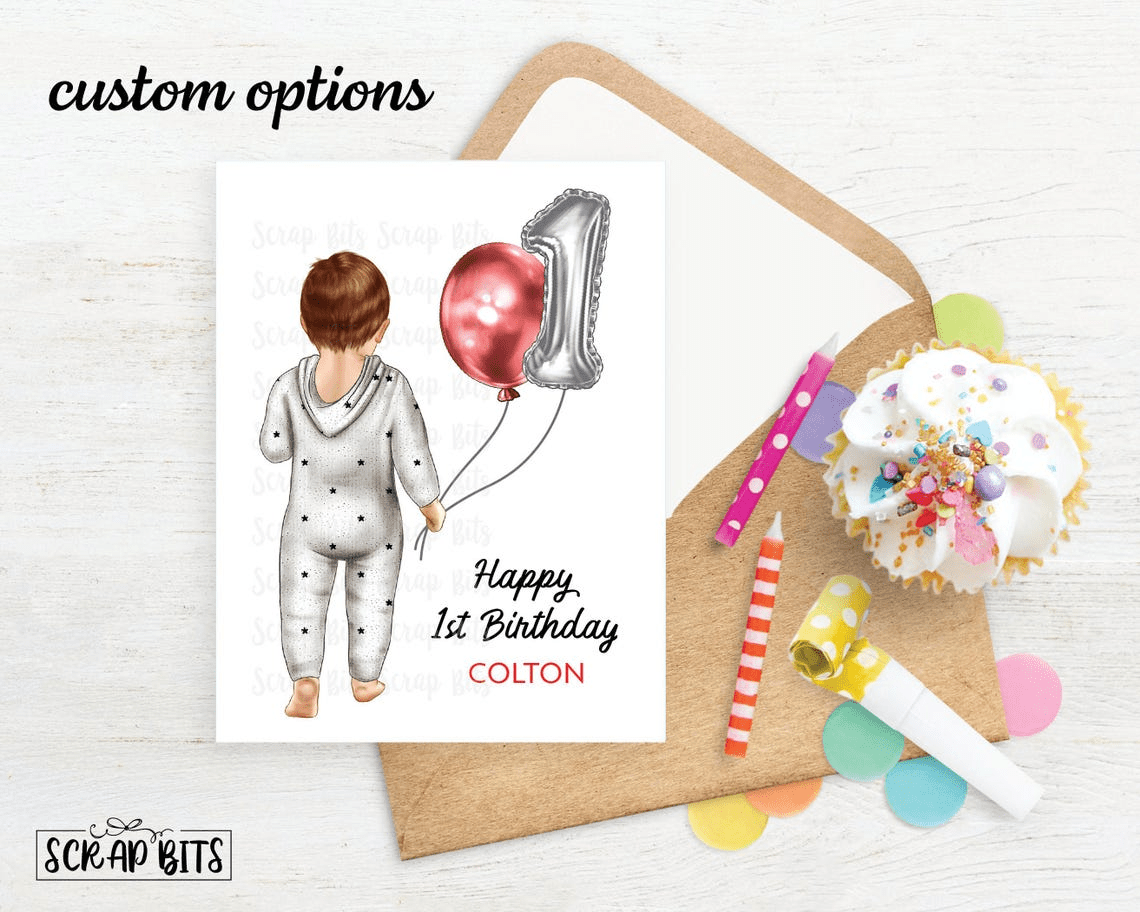 Baby or Toddler Birthday Card for Boy or Girl, Pajamas . 1st, 2nd or 3rd Birthday Portrait Card - Scrap Bits