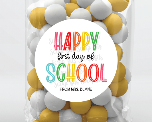 Back To School Gift Labels or Tags, Bright Rainbow Happy First Day - Scrap Bits