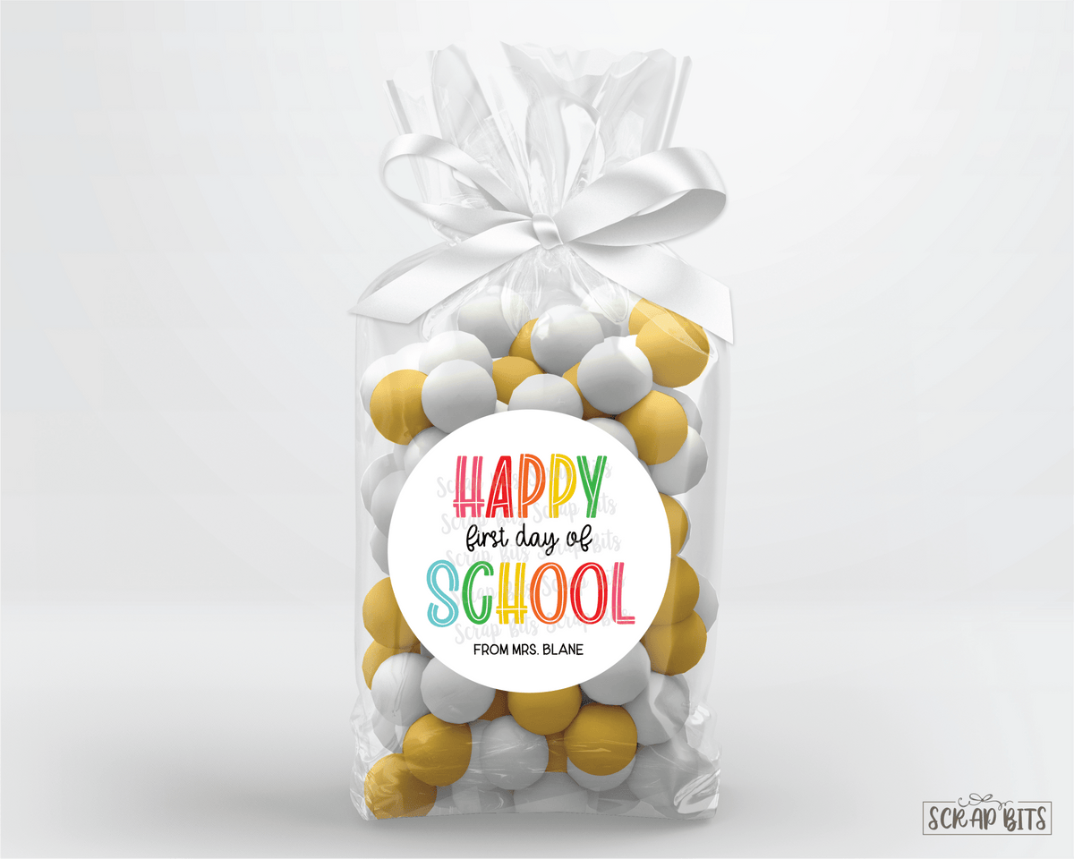 Back To School Gift Labels or Tags, Bright Rainbow Happy First Day - Scrap Bits