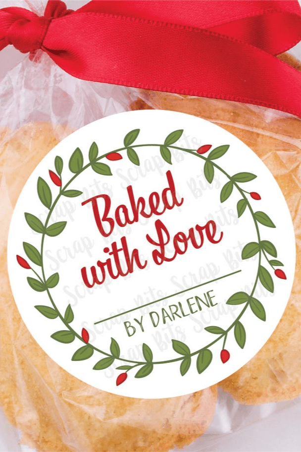 Baked with Love Christmas Baking Labels, Winter Wreath with Berries Cursive - Scrap Bits