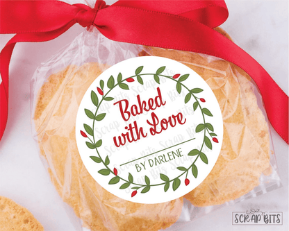 Baked with Love Christmas Baking Labels, Winter Wreath with Berries Cursive - Scrap Bits