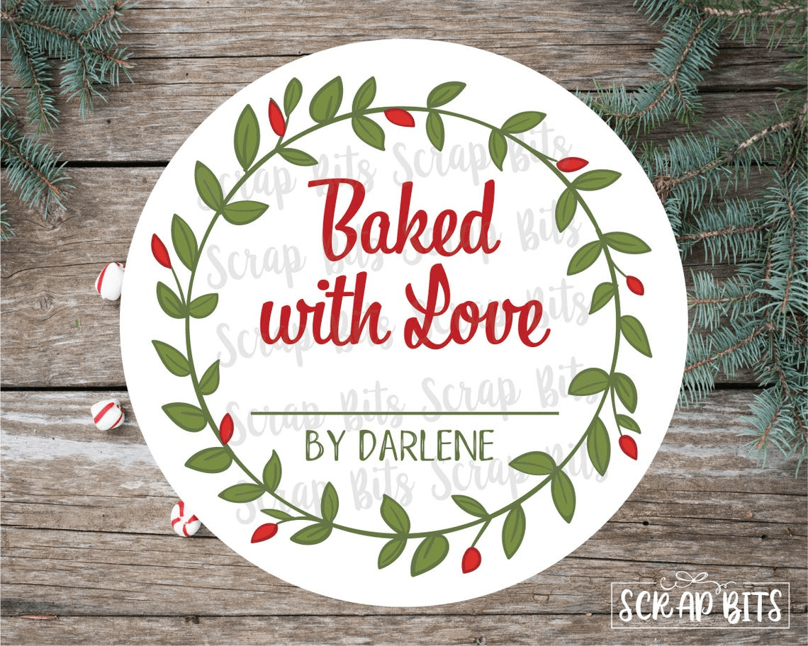 Baked with Love Christmas Baking Labels, Winter Wreath with Berries Cursive - Scrap Bits