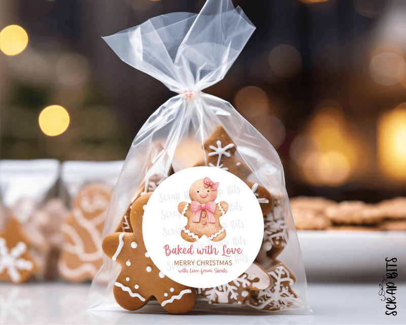 Baked With Love Pink Gingerbread Cookie, Personalized Christmas Gift Stickers or Tags - Scrap Bits