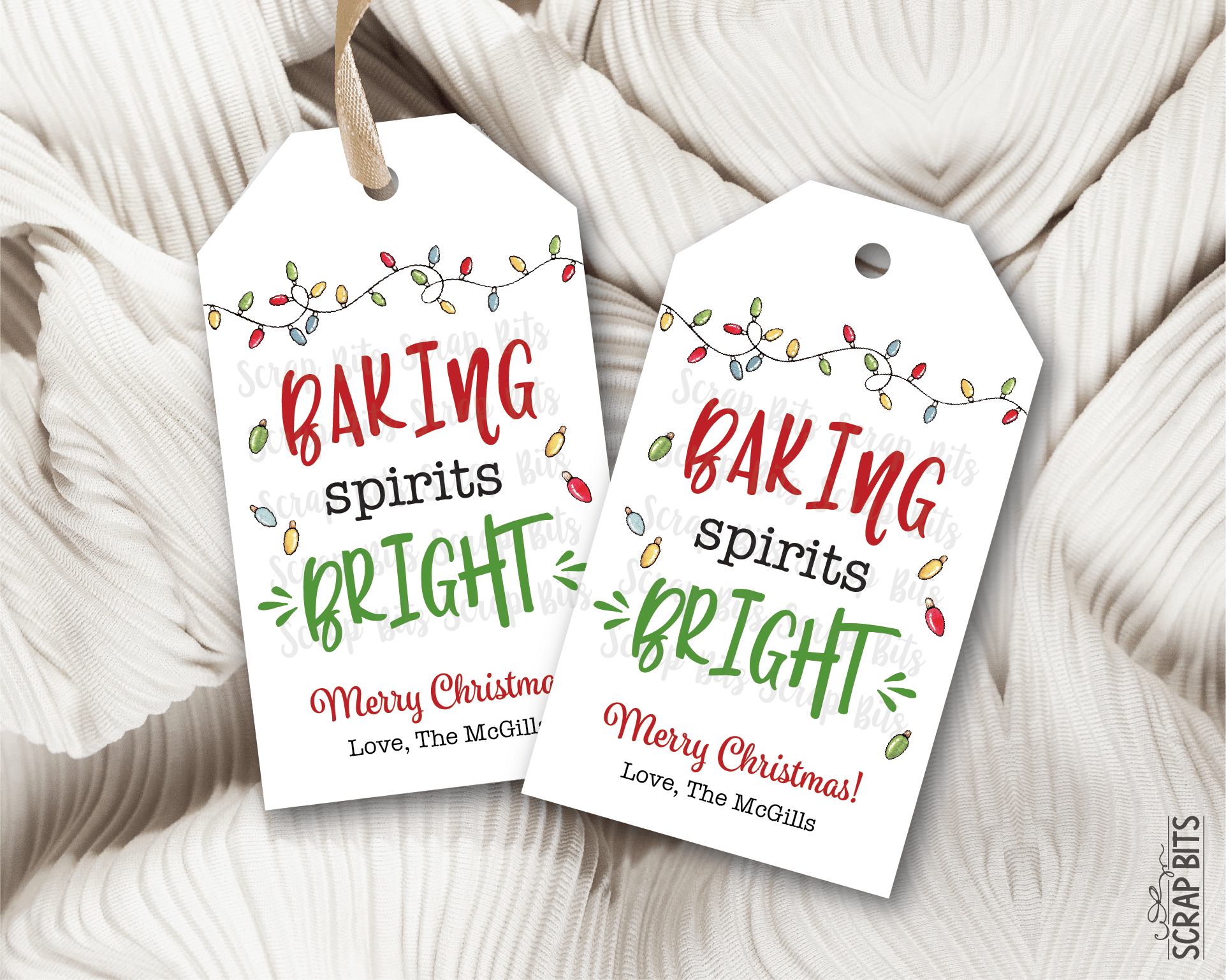 Baking Spirits Bright, Christmas Lights, Personalized Christmas Gift Tags or Baking Labels - Scrap Bits