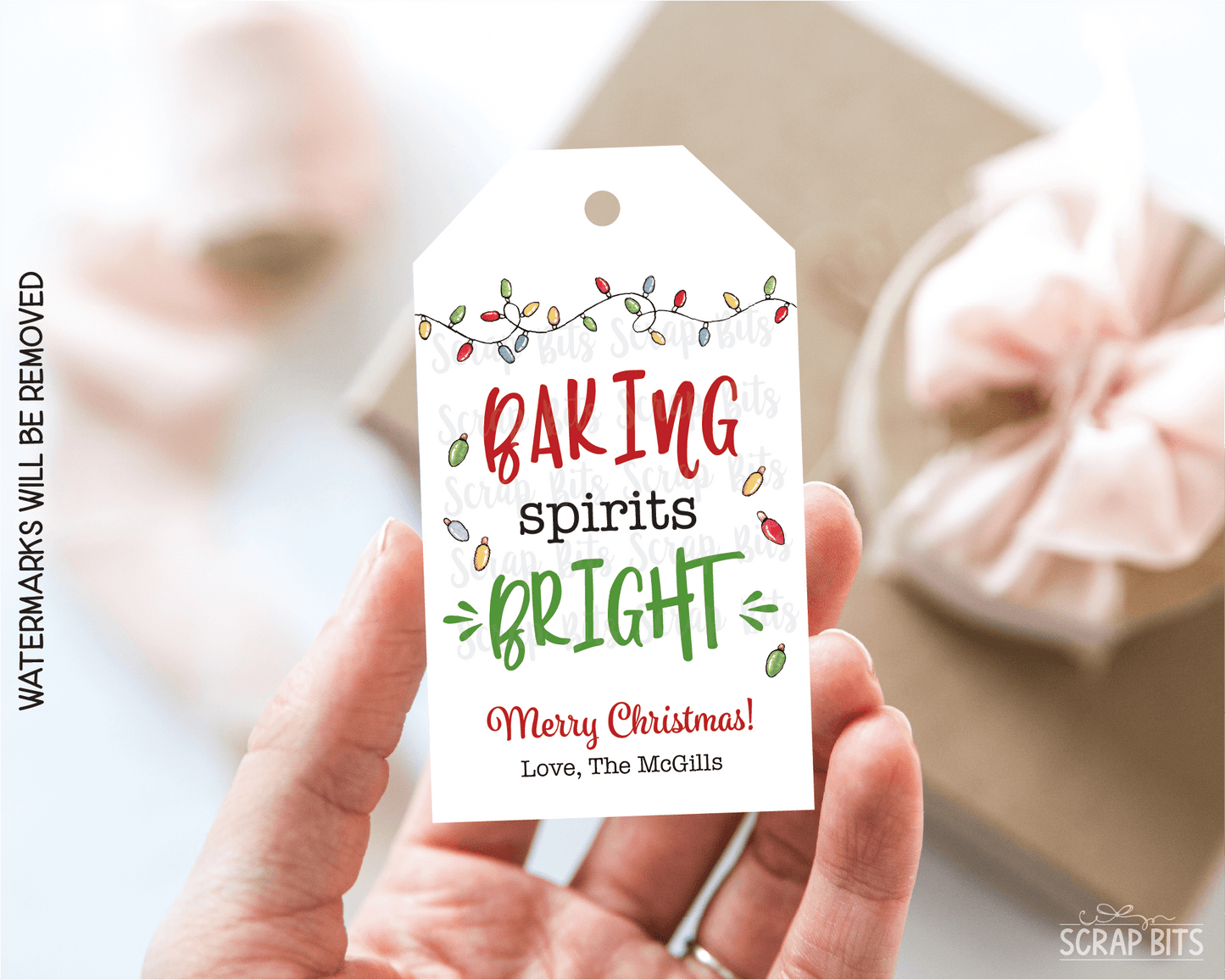 Baking Spirits Bright, Christmas Lights, Personalized Christmas Gift Tags or Baking Labels - Scrap Bits