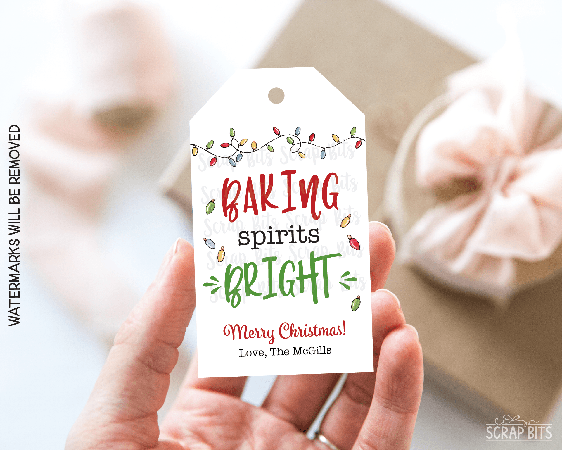 Baking Spirits Bright, Christmas Lights, Personalized Christmas Gift Tags or Baking Labels - Scrap Bits