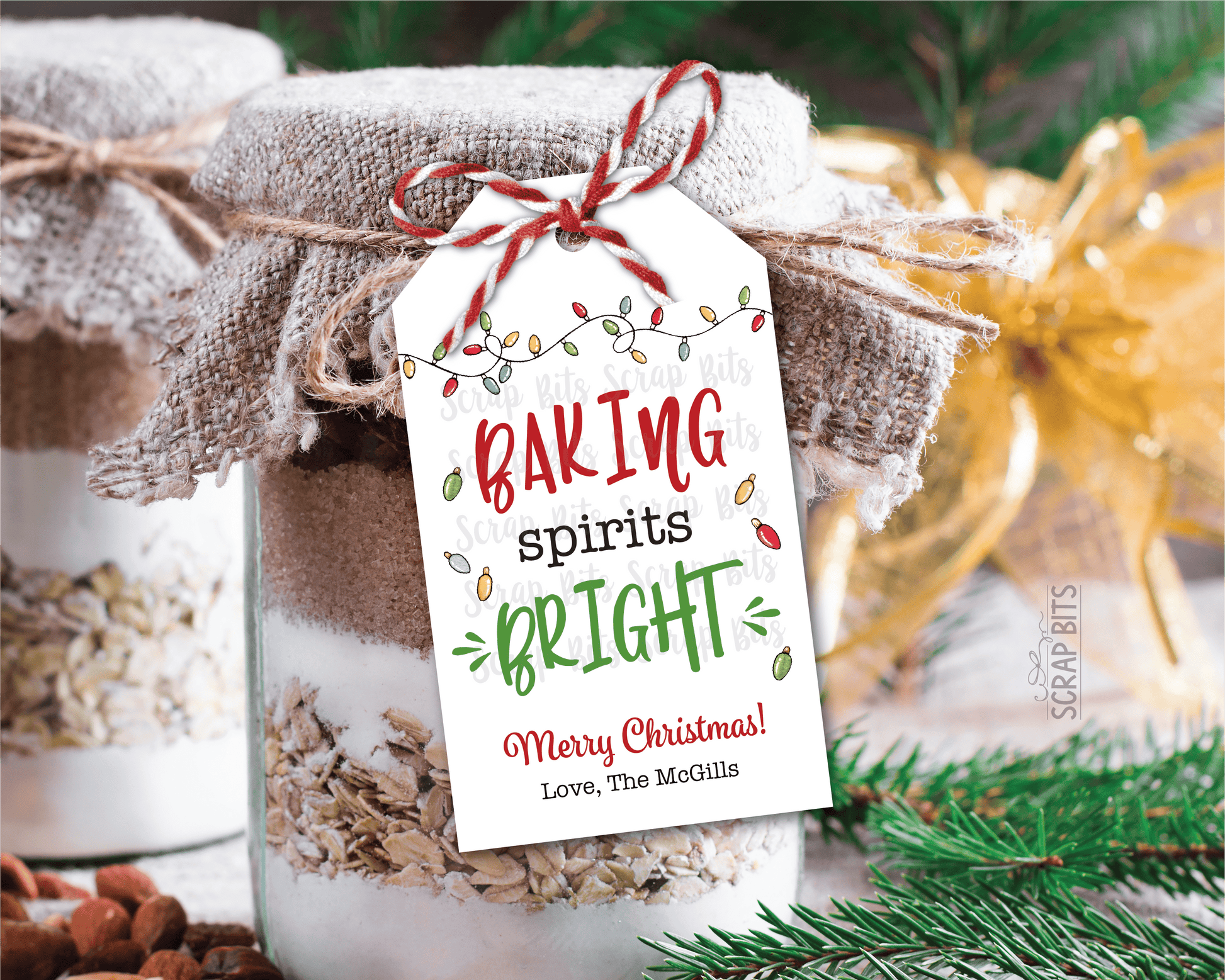 Baking Spirits Bright, Christmas Lights, Personalized Christmas Gift Tags or Baking Labels - Scrap Bits