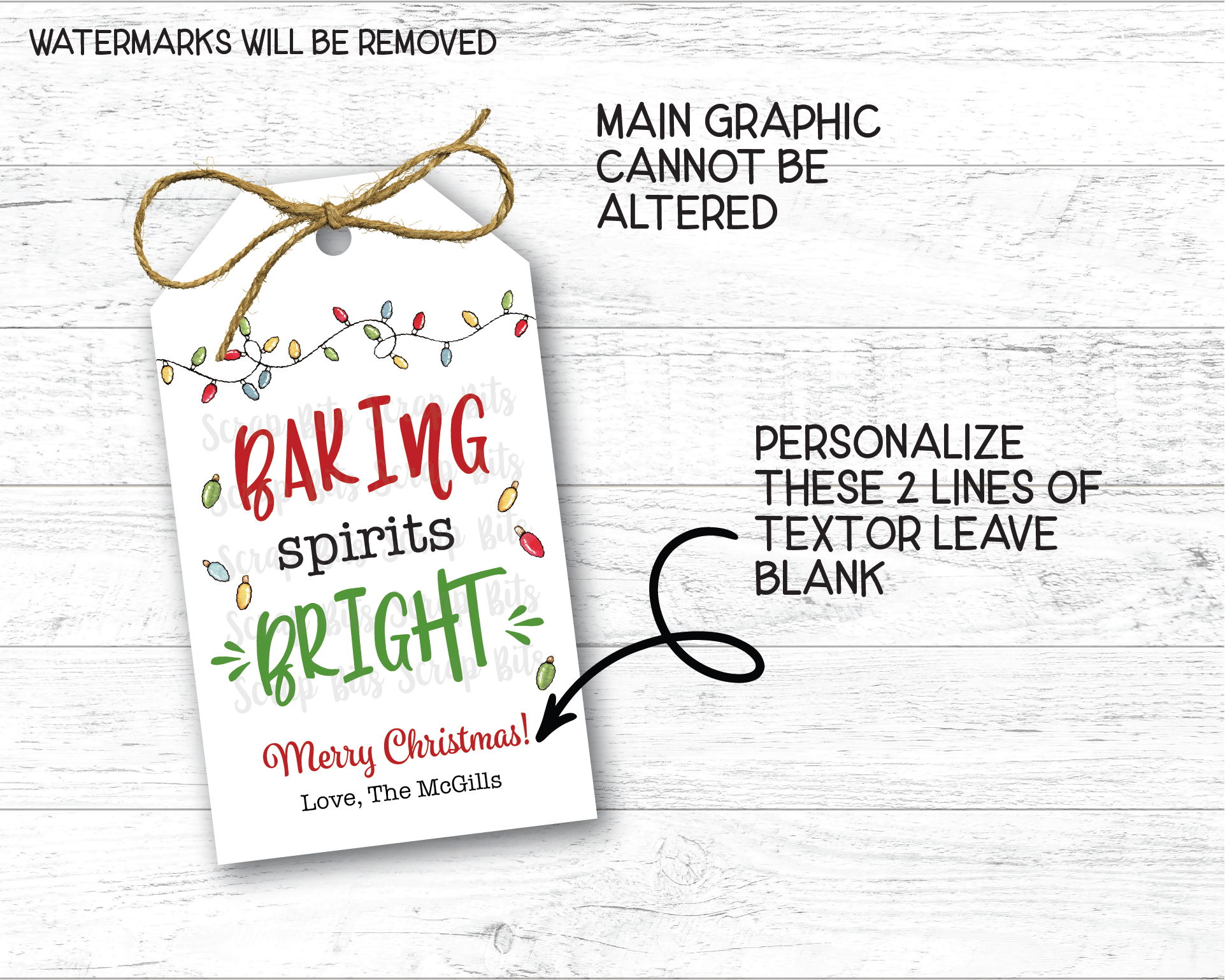 Baking Spirits Bright, Christmas Lights, Personalized Christmas Gift Tags or Baking Labels - Scrap Bits