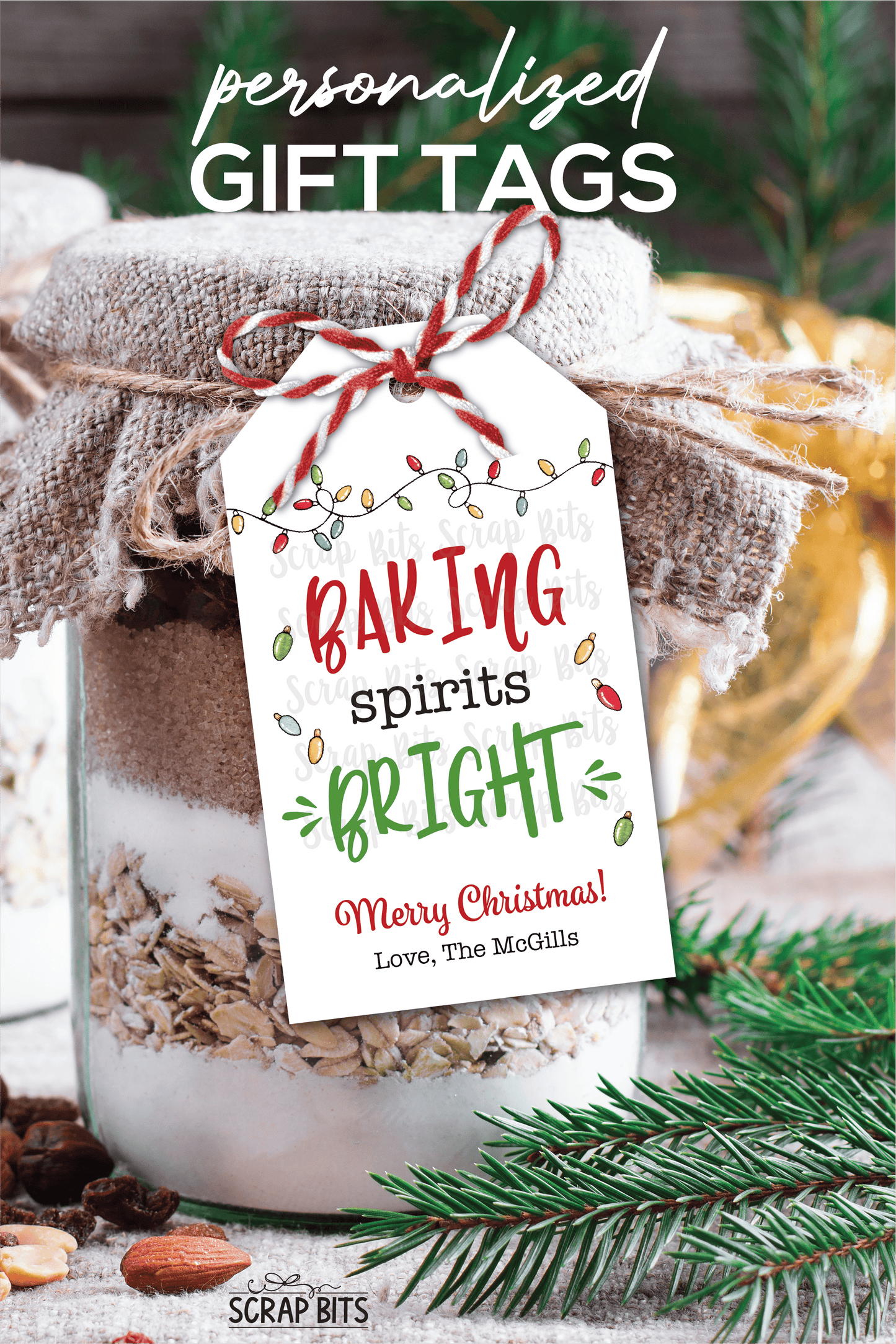Baking Spirits Bright, Christmas Lights, Personalized Christmas Gift Tags or Baking Labels - Scrap Bits