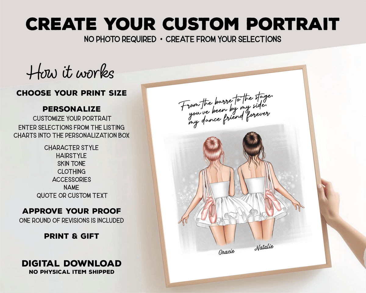 Ballerina Besties Portrait Print, Half Body, Custom Digital Drawing - Scrap Bits