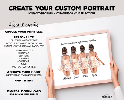 Ballerina Friends Portrait Print, Half Body, Custom Digital Drawing - Scrap Bits