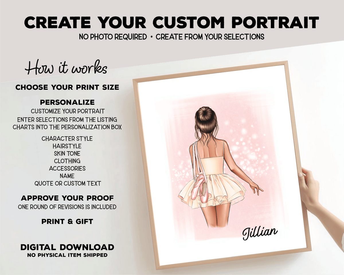 Ballerina Portrait Print, Half Body, Custom Digital Drawing - Scrap Bits