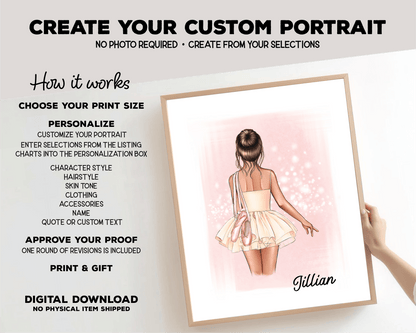 Ballerina Portrait Print, Half Body, Custom Digital Drawing - Scrap Bits