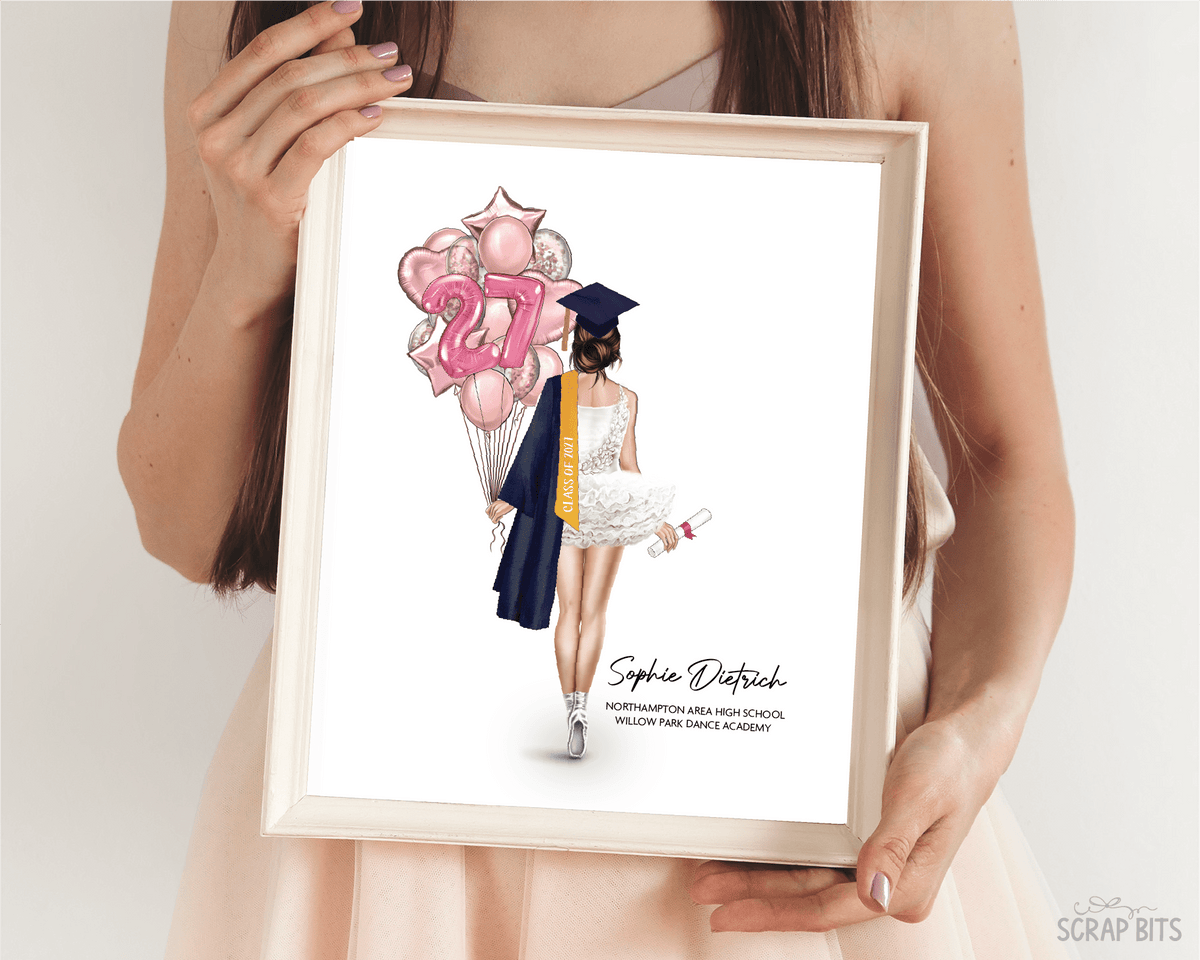 Ballerina Tutu Graduation Portrait Print, Custom Digital Drawing - Scrap Bits