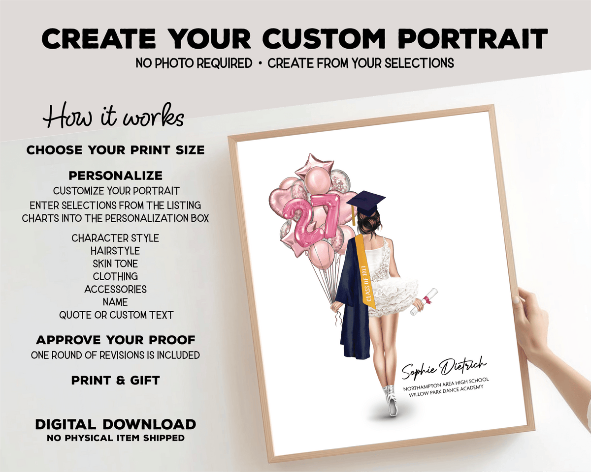 Ballerina Tutu Graduation Portrait Print, Custom Digital Drawing - Scrap Bits