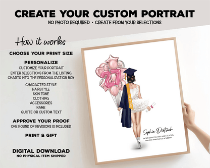 Ballerina Tutu Graduation Portrait Print, Custom Digital Drawing - Scrap Bits