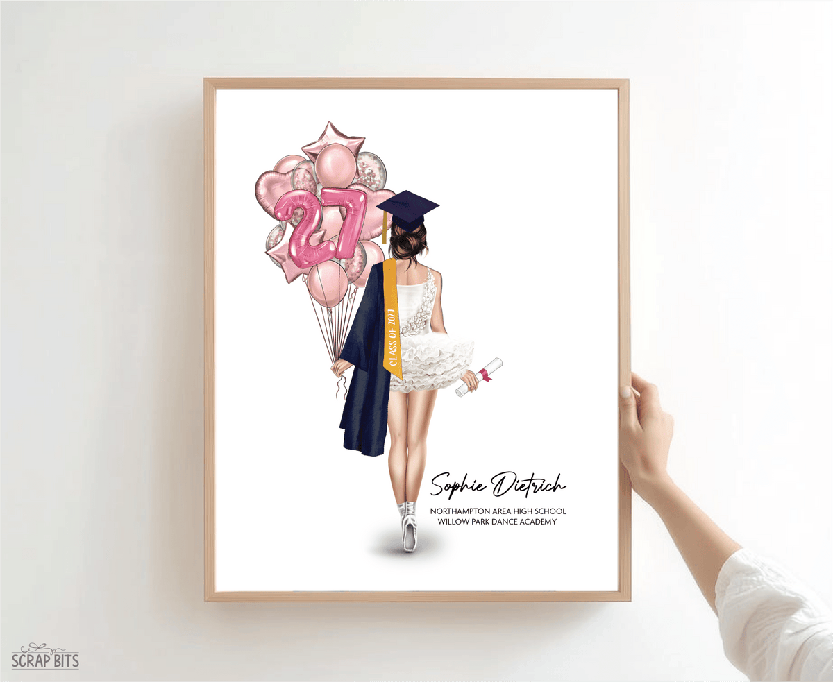 Ballerina Tutu Graduation Portrait Print, Custom Digital Drawing - Scrap Bits