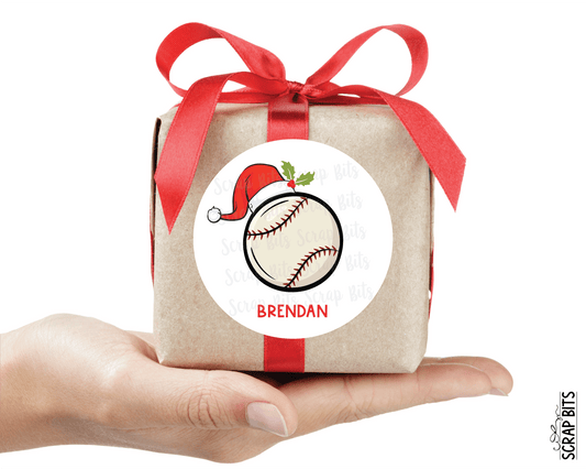 Baseball Santa Hat, Personalized Sports Christmas Gift Stickers or Tags - Scrap Bits