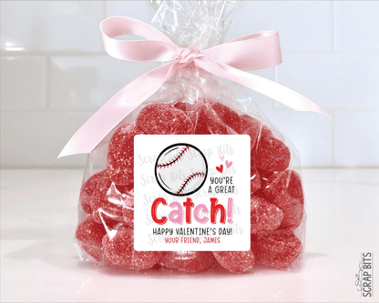 Baseball Valentines, You're A Great Catch Valentine Treat Bag Stickers - Scrap Bits