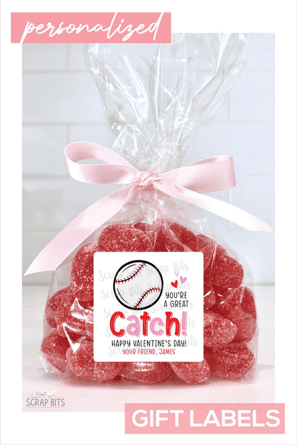 Baseball Valentines, You're A Great Catch Valentine Treat Bag Stickers - Scrap Bits