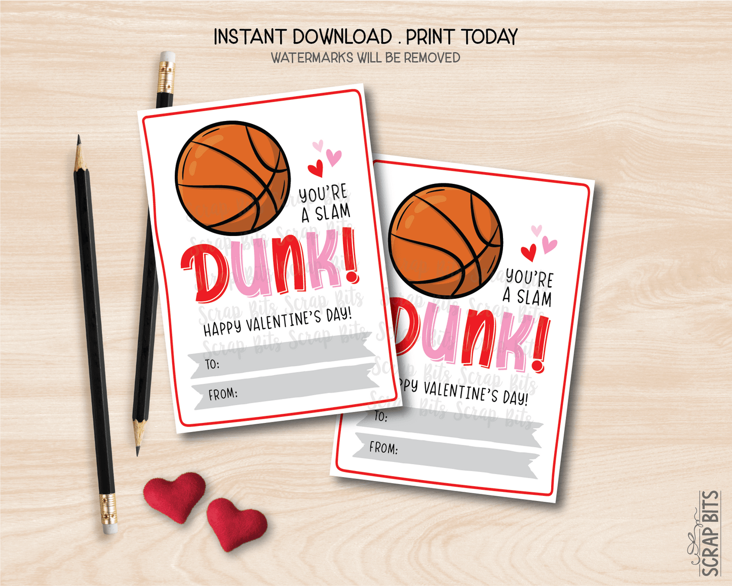 Basketball Valentines, You're A Slam Dunk, Printable Classroom Exchange Cards, Instant Download - Scrap Bits