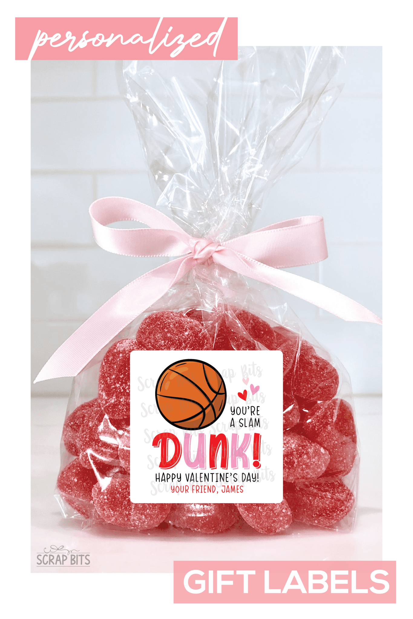 Basketball Valentines, You're A Slam Dunk Valentine Treat Bag Stickers - Scrap Bits