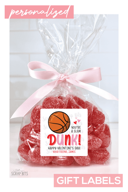 Basketball Valentines, You're A Slam Dunk Valentine Treat Bag Stickers - Scrap Bits