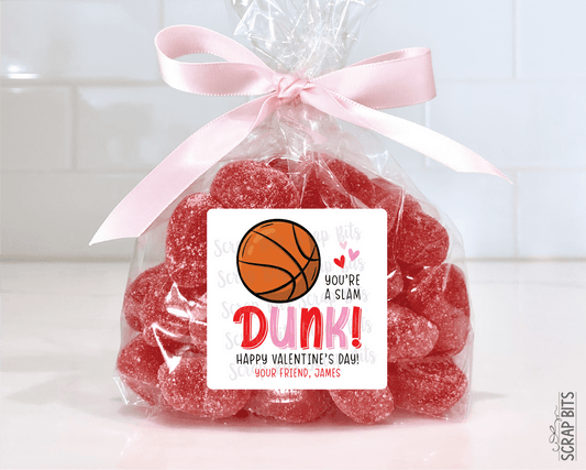 Basketball Valentines, You're A Slam Dunk Valentine Treat Bag Stickers - Scrap Bits