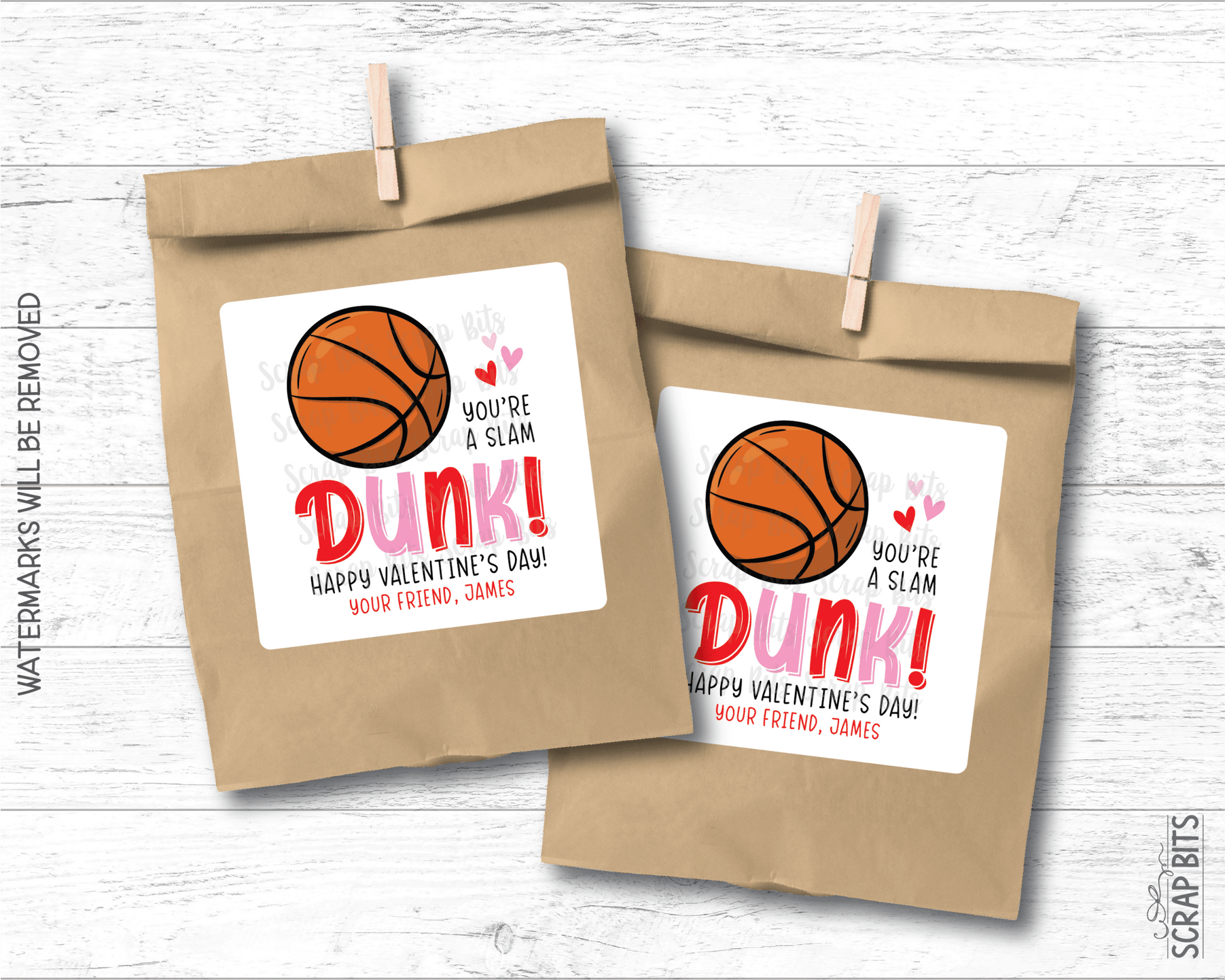 Basketball Valentines, You're A Slam Dunk Valentine Treat Bag Stickers - Scrap Bits