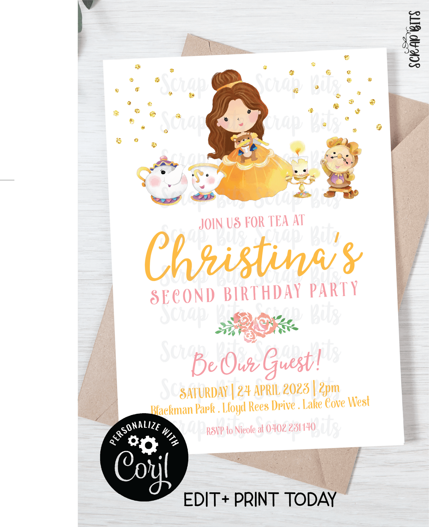 Belle & Friends Birthday Invitation, Pink Tea Party Invitation, Printable Princess Tea Party Editable Invitation . Instant Download Editable Template - Scrap Bits
