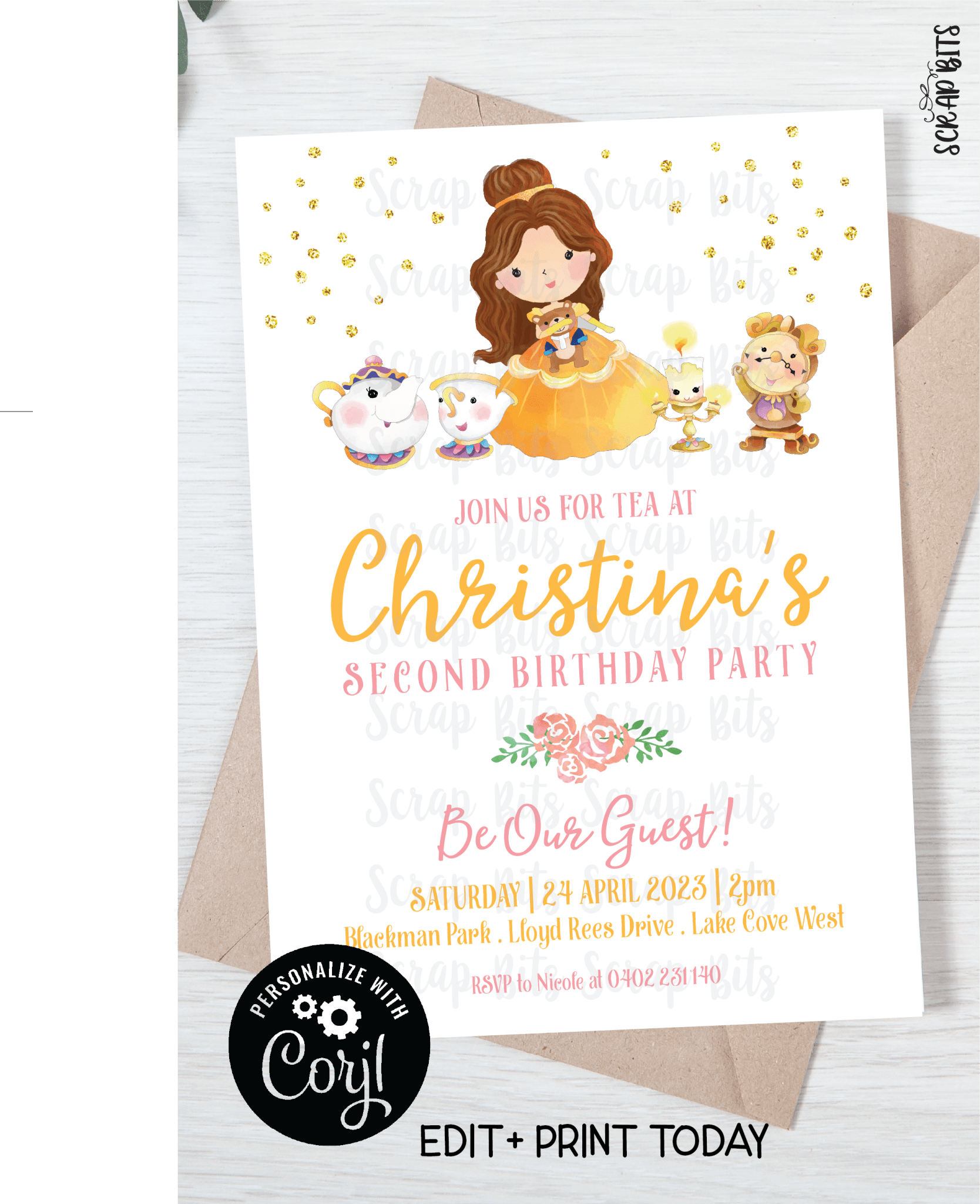 Belle & Friends Birthday Invitation, Pink Tea Party Invitation, Printable Princess Tea Party Editable Invitation . Instant Download Editable Template - Scrap Bits