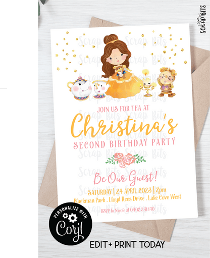 Belle & Friends Birthday Invitation, Pink Tea Party Invitation, Printable Princess Tea Party Editable Invitation . Instant Download Editable Template - Scrap Bits