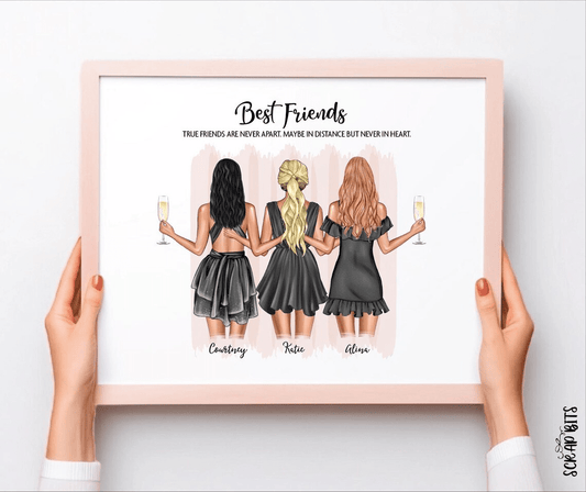 Best Friend Group Digital Portrait Print, Personalized Gift Illustration Print (up to 13 people) - Scrap Bits