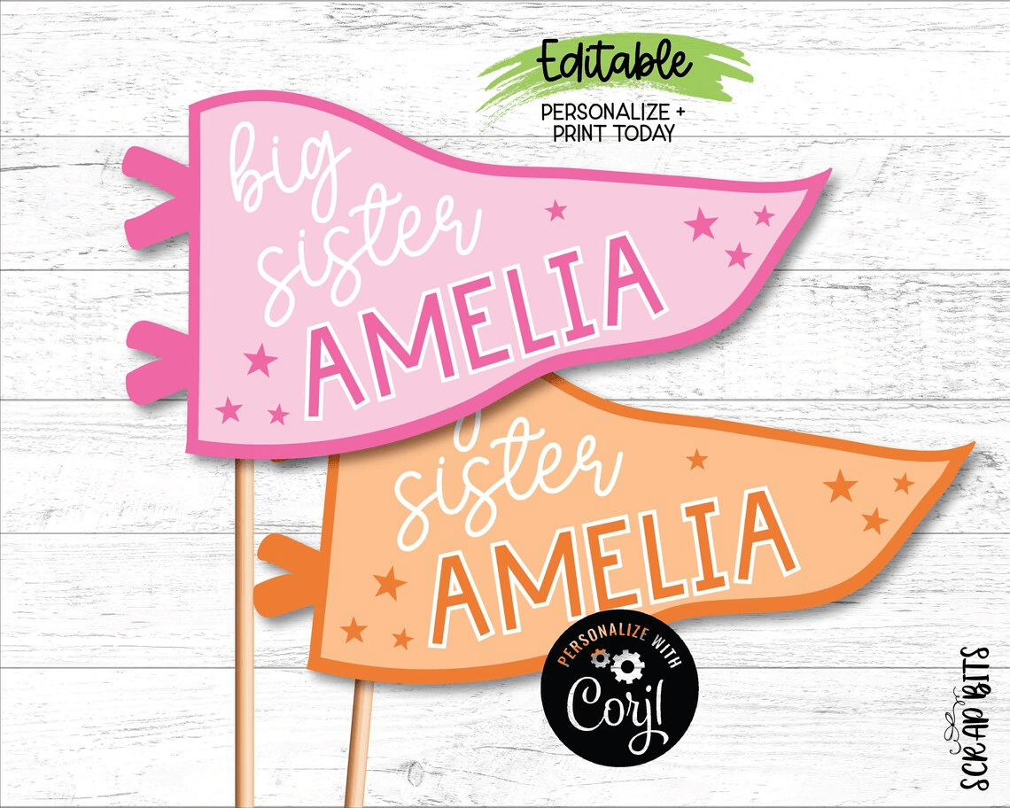 Big Sister Pennant Flag, Personalized Printable Party Decor or Photo Prop, Instant Access Template, EDITABLE Printable Digital Download - Scrap Bits