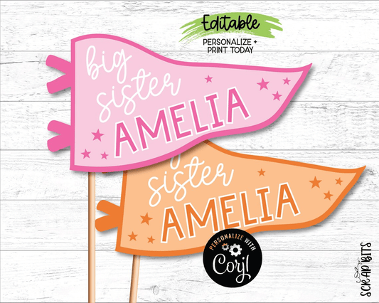 Big Sister Pennant Flag, Personalized Printable Party Decor or Photo Prop, Instant Access Template, EDITABLE Printable Digital Download - Scrap Bits