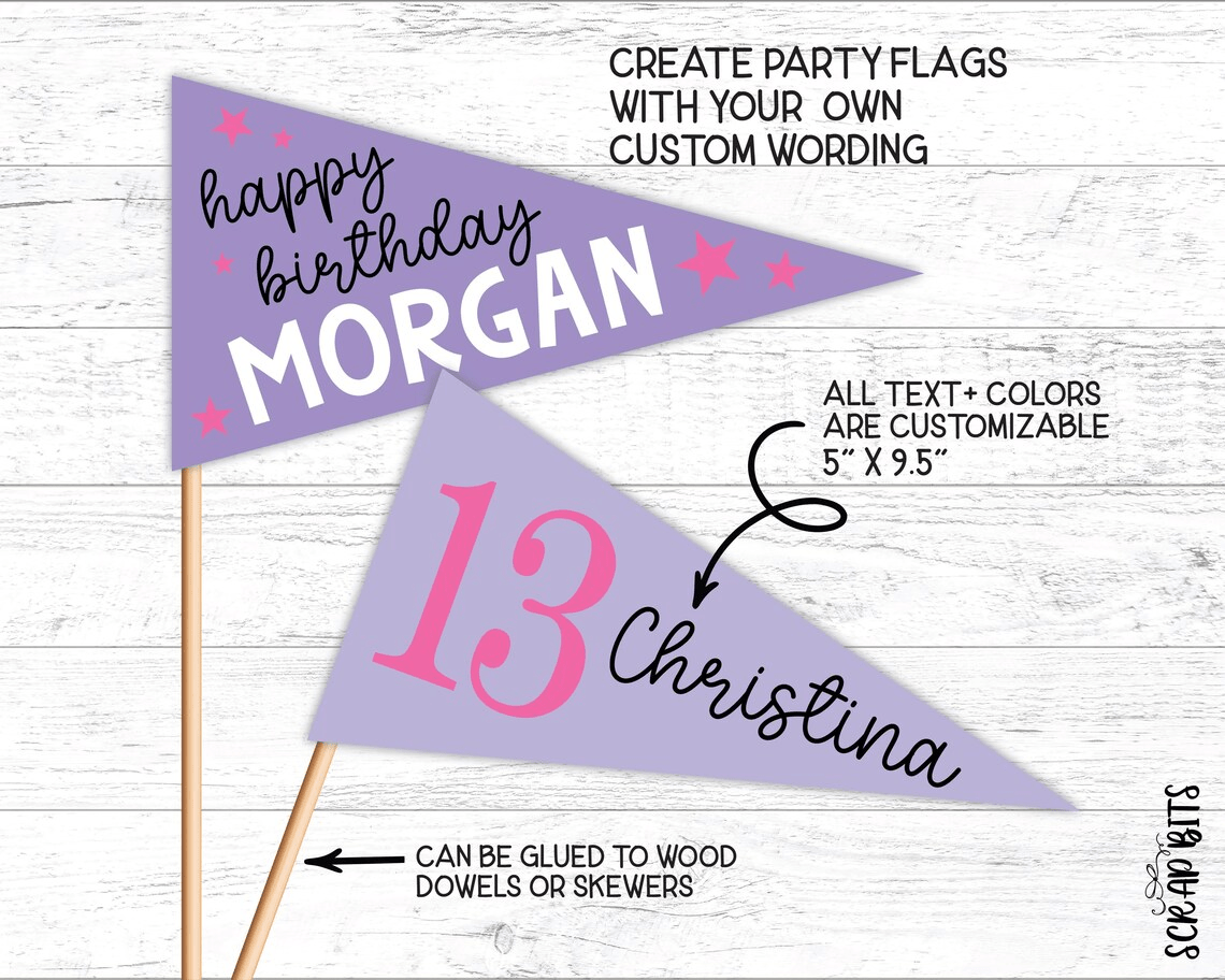 Birthday Pennant Flag, Name + Age . Personalized Printable Party Decor or Photo Prop, Instant Access EDITABLE Template - Scrap Bits