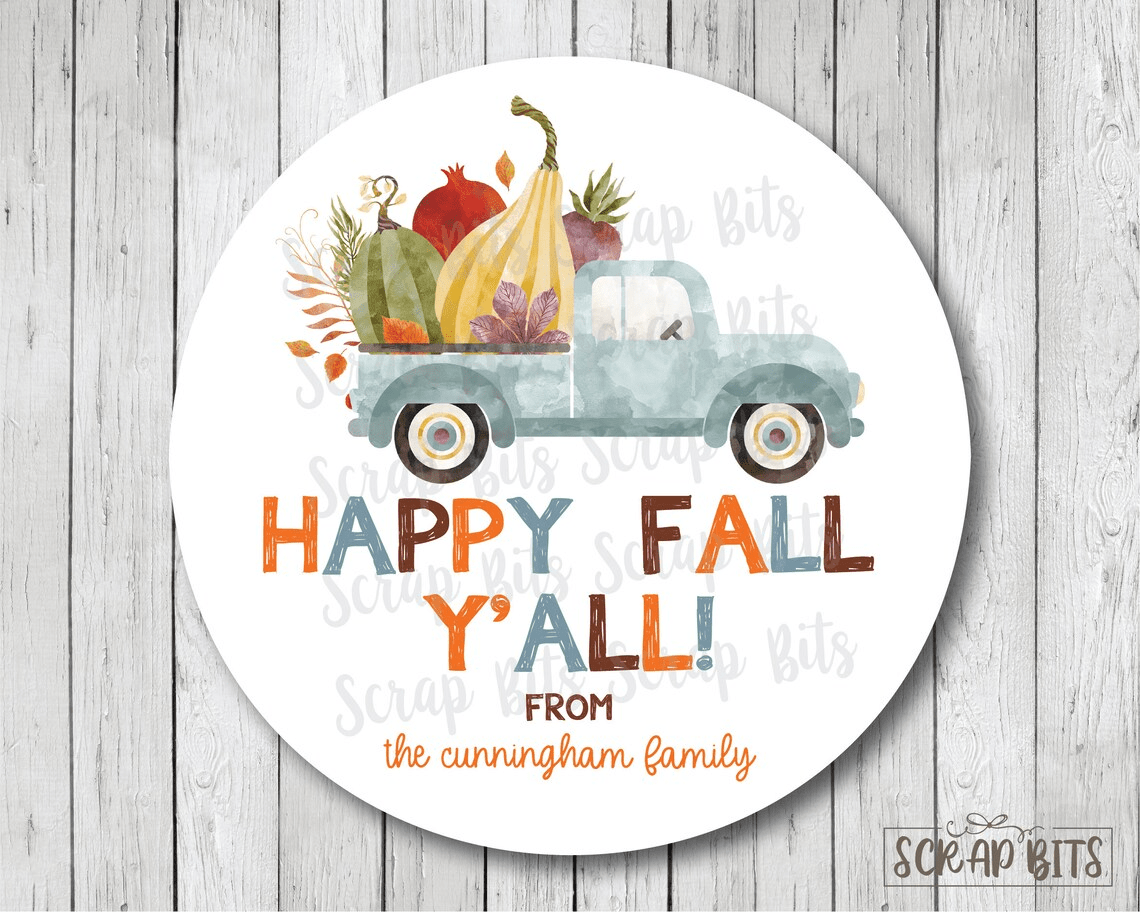 Blue Farm Truck, Chunky Happy Fall Y'All Stickers or Tags - Scrap Bits