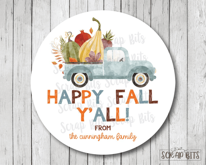 Blue Farm Truck, Chunky Happy Fall Y'All Stickers or Tags - Scrap Bits