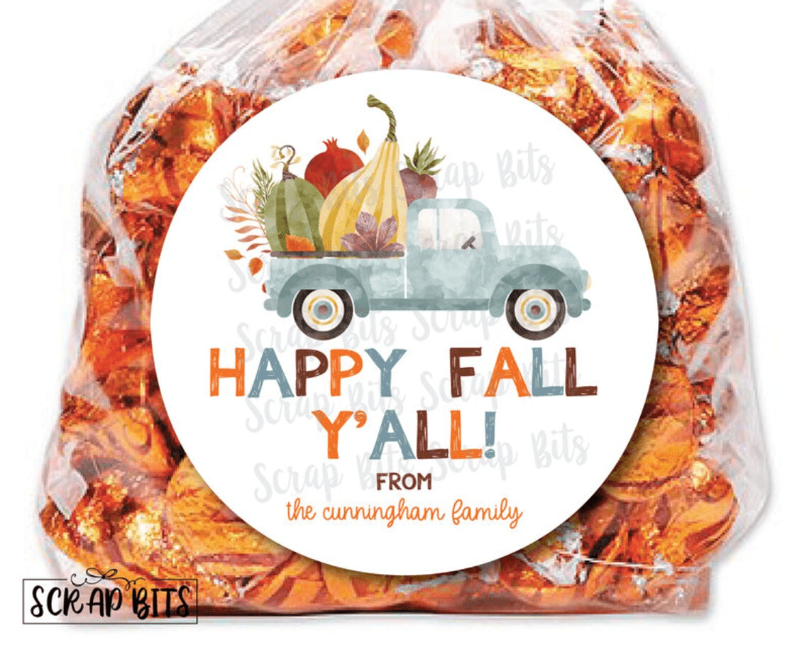 Blue Farm Truck, Chunky Happy Fall Y'All Stickers or Tags - Scrap Bits