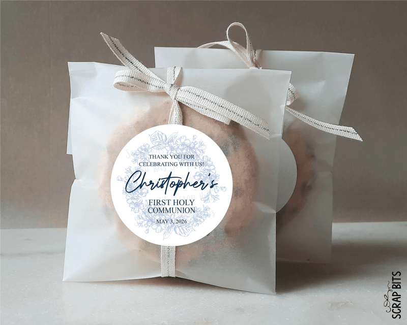 Blue Toile Wreath Thank You Labels, Communion or Baptism Favor Stickers or Tags - Scrap Bits