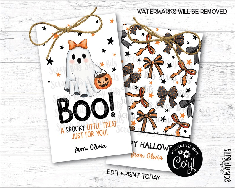BOO Coquette Ghost Spooky Treat, Printable Fall Favor Tag Set, Instant Download Editable Template - Scrap Bits